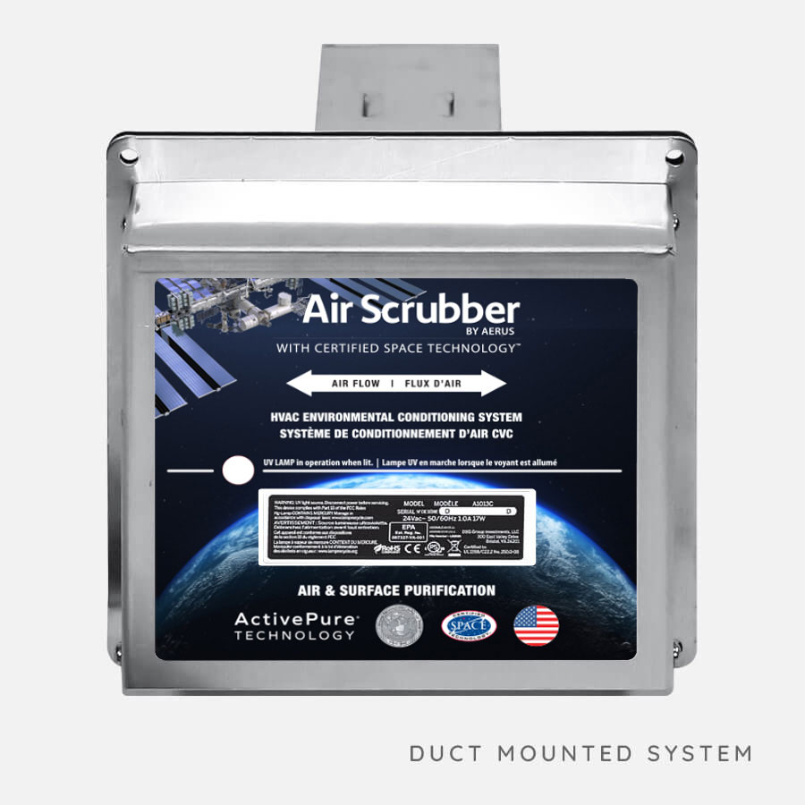 Air scrubber mounted to wall.  Keeps allergens, build-up in vents as well as reducing the spread of viruses and mold.