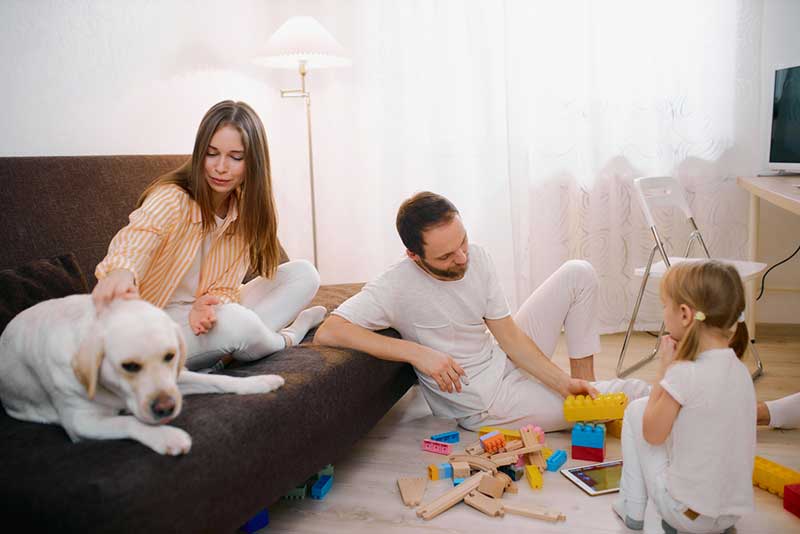 Mother sitting on sofa with their dog - daughter and father on floor playing with blocks.