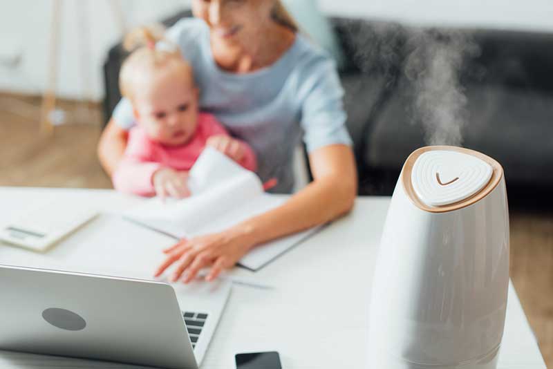 Mother and child sitting at computer with an indoor humidifier on desk.